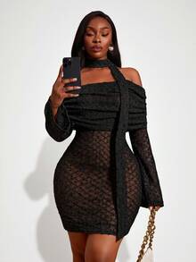 Radiana Women's Black Off Shoulder Bodycon Mini Dress Sheer Long Sleeves Halter Neck Tie Evening Cocktail Concert Dinner Date Night Party Autumn Sexy Elegant - Black - View 1