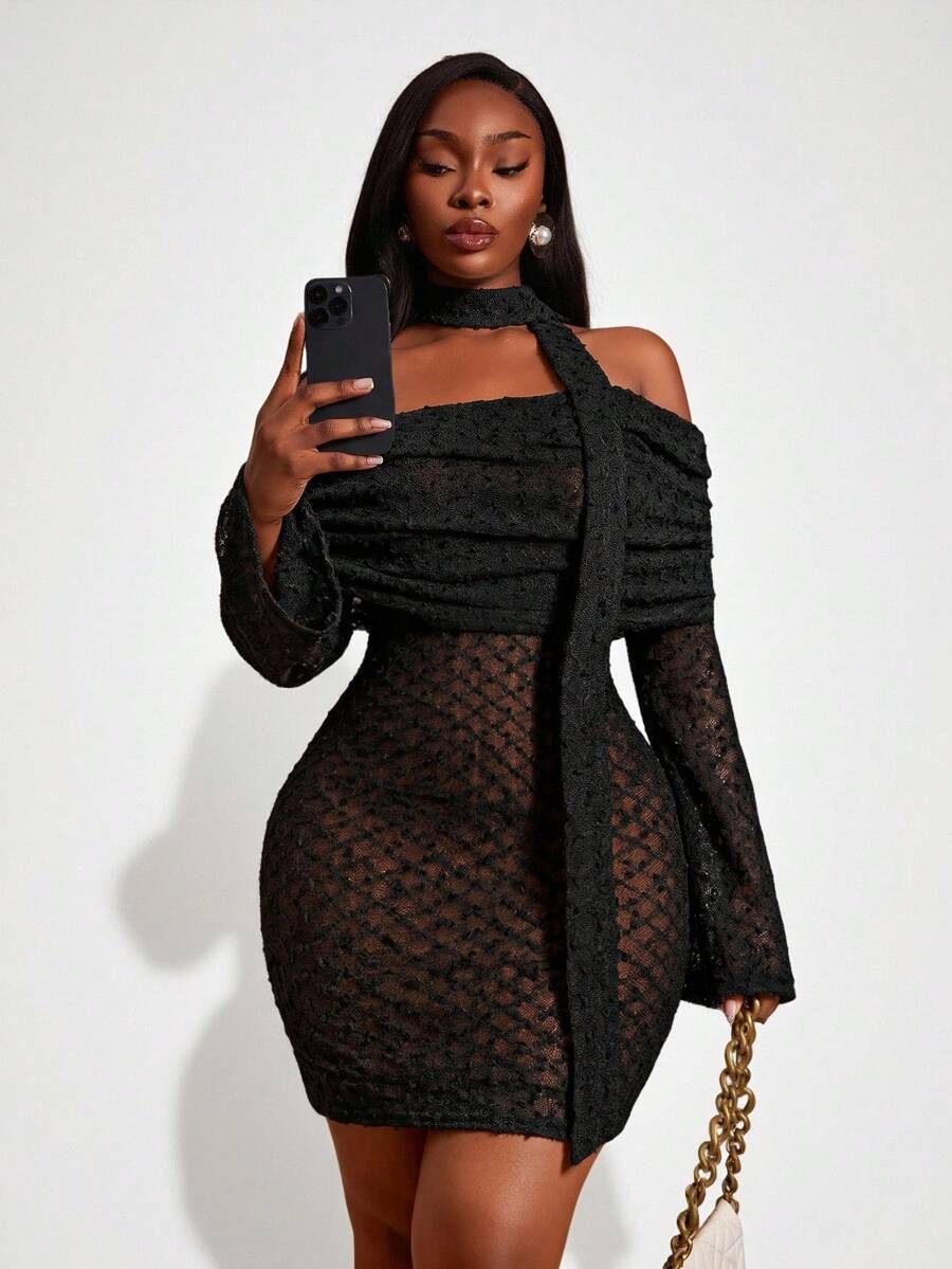 Radiana Women's Black Off Shoulder Bodycon Mini Dress Sheer Long Sleeves Halter Neck Tie Evening Cocktail Concert Dinner Date Night Party Autumn Sexy Elegant - Black - View 1