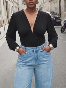 Maija Plus Size Women Black Solid Color Elastic Ruffle Flare Sleeve Bodysuit - Black - View 9