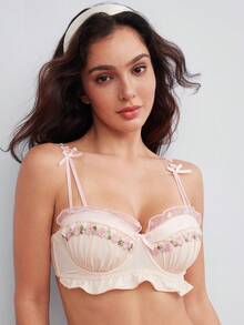 Elorette Seamless Pleated Satin Embroidered Lace Underwire Push-Up Bra - Apricot - View 6