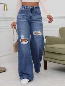 Jeanoix Große Größen Cowgirl Y2K 90er Jahre Staubblau Nicht-Stretch Distressed Gerade Bein Jeans Sommer Brunch Dates - Dunkle Waschung - Übersicht 1