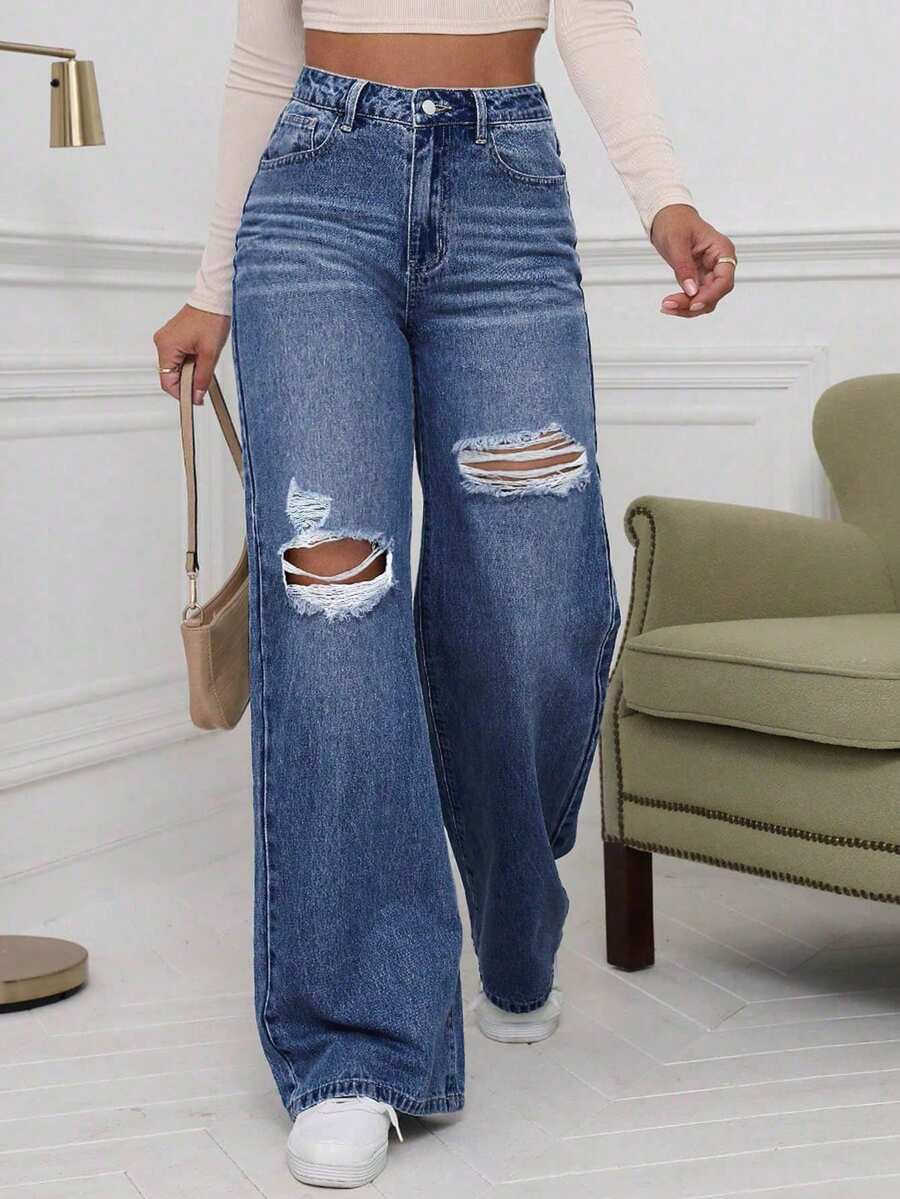Jeanoix Große Größen Cowgirl Y2K 90er Jahre Staubblau Nicht-Stretch Distressed Gerade Bein Jeans Sommer Brunch Dates - Dunkle Waschung - Übersicht 1