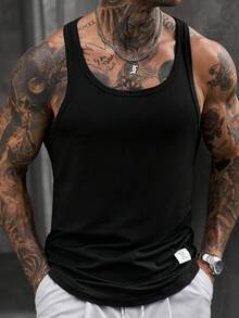 Manfinity Homme Áo ba lỗ nam, áo ba lỗ thể thao xuân/hè, phong cách dễ phối đồ, áo ba lỗ đen, thiết kế gấu cong, trang trí miếng đắp denim, áo ba lỗ vai hẹp thường ngày, chất vải mềm mại và thoải mái, phù hợp cho thể thao mùa hè, du lịch, ở nhà, món đồ thời trang nam đa năng xuân/hè - màu đen - Xem 5