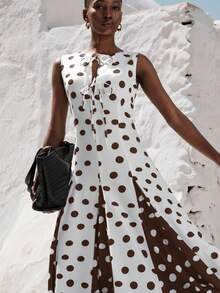Aveloria Modichic Minimalist Black & White Polka Dot Sleeveless Tie Neck Dress, Vintage Youthful Style, Suitable For Summer Picnic, Beach Vacation, Date, Women's Ultra Long Dress - Multicolor - View 2