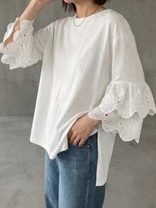 FRIFUL Women's Round Neck Hollow Embroidery Ruffle Cuff Loose T-Shirt - White - View 7