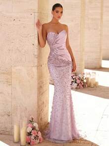 Glamrae Elegantes luxuriöses trägerloses Meerjungfrau-Kleid aus elastischem Strick mit Perlen, Pailletten, 3D-Blumenstickerei und Patchwork-Stoff, sexy, für Hochzeitsveranstaltungen, Junggesellinnenabschied, Urlaub, Abschlussball und Abendgala (Stil mit aufwendiger Verarbeitung) - Pink - Übersicht 6