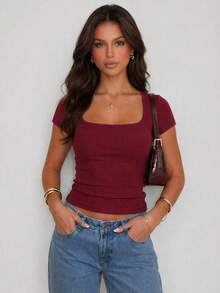 Lot de 3 T-shirts basiques pour femmes à col carré, côtelés, manches courtes, coupe ajustée - Rouge foncé - Voir 5