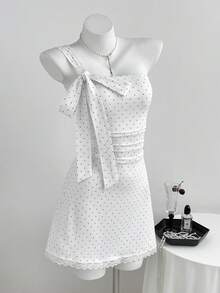 Elamini Minimalist Sexy Sweet Style Polka Dot Contrast Lace Trim Off-Shoulder Bow Tie Mini Dress - White - View 5