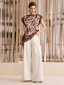 Arave Women's Brown Zebra Print Satin Fabric Elegant Solid Color Lace Patchwork Asymmetric Hem Blouse, Date Dinner, Summer Outfits, Summer Tops - Brown - View 2