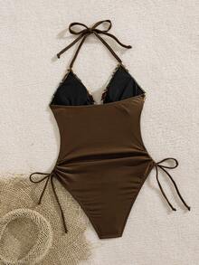 Swim Vcay New Spring/Summer Women's One-Piece Swimsuit, Sexy Casual Vacation Beach Hollow Out Elegant Lace Solid Black Halter Neck Tie Beachwear One-Piece Swimsuit - Multicolor - View 2