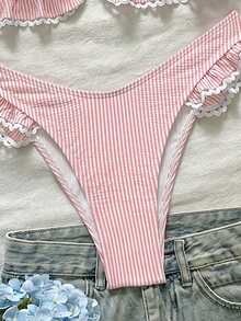 Swim Mod Girl's Special Fabric Striped Ruffle Triangle Bikini Top And V-Cut Flounce Triangle Bottom 2-Piece Set - Pink - View 6
