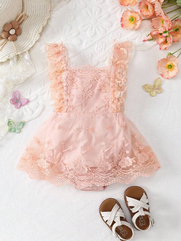 Souflis Souflis 嬰兒女孩褶邊刺繡網眼連體裙
