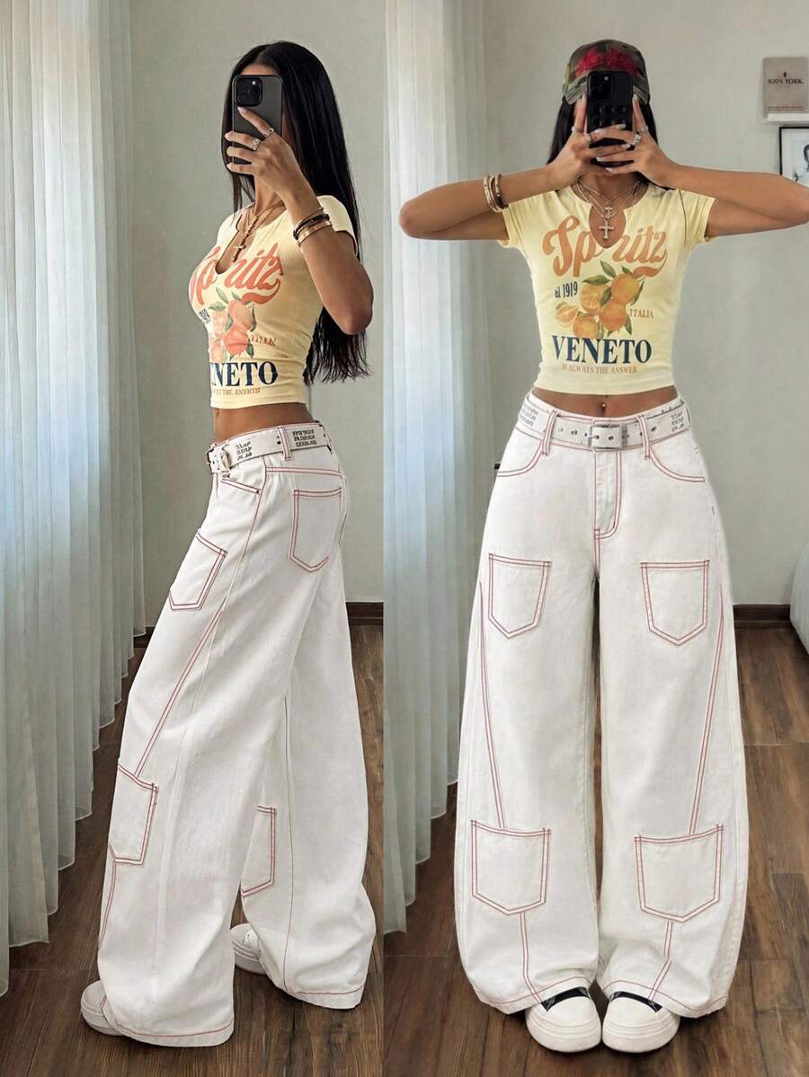 StreetHx Fashion Casual Y2k Streetwear Street Style Colorblock Stitching Multi-Pocket Low Waist Denim Curved Leg Pants Everyday Going Out White And Red Summer - White - View 1