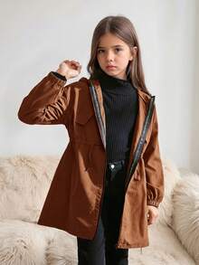 SHEIN 女童休閒字母裝飾寬鬆文字印花連帽口袋中長版派克外套，開學季秋冬款 - 棕色 - 查看 2