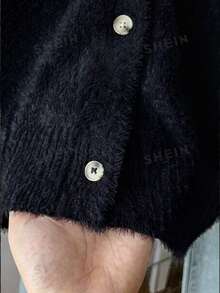 SHEIN 少女長袖針織開襟衫休閒街頭風極簡時尚百搭 - 黑色 - 查看 7