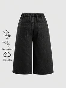SHEIN Explorewe 女童舒適水洗柔軟復古街頭風無彈力寬鬆寬腿牛仔中長褲，薄款春夏適用 - 黑色 - 查看 2