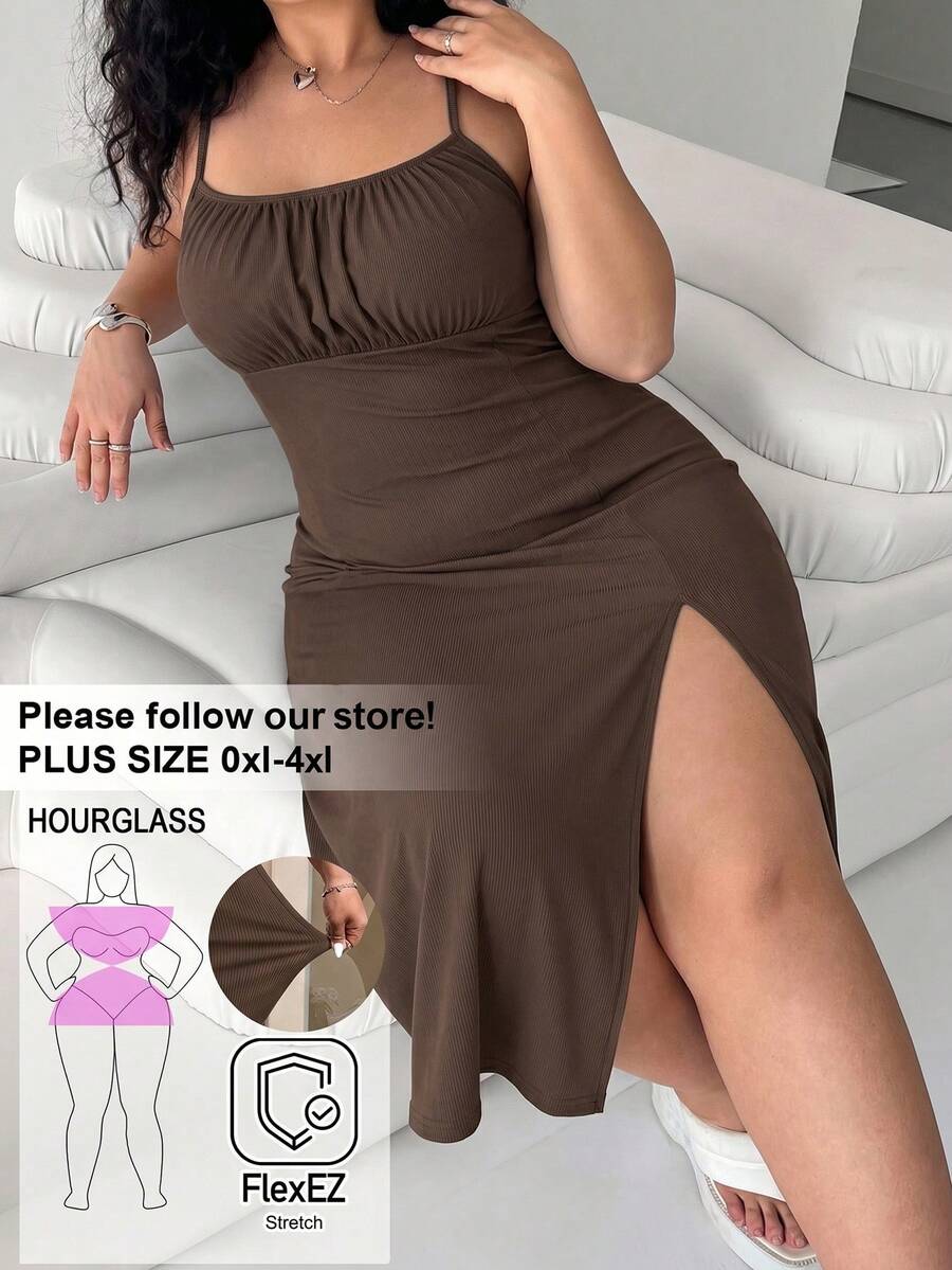 SHEIN EZwear 巧克力棕色休閒大尺碼女款百褶開衩細肩帶洋裝 - 巧克力棕 - 查看 1