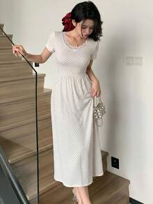 Dazy Tall 女款夏季短袖休閒波點蕾絲拼接洋裝 - 杏色 - 查看 5