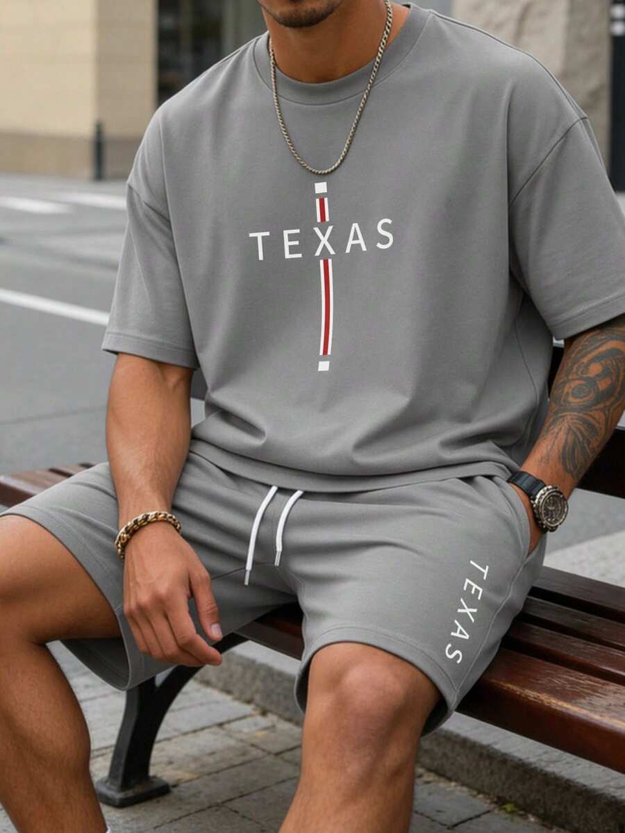 Sorvial Standard Size Men's Simple Slogan Print T-Shirt 2pcs Set, Suitable For Summer, Outdoor