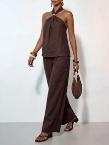 Zivah Spring/Summer Music Festival Easter St. Patrick's Day Valentine's Day Beach Vacation Sexy Jamaican Sleeveless Halter Neck Linen Shades Of Brown Pants - Brown - View 15