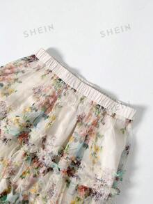 SHEIN Clasi 春夏熱銷優雅花卉印花網紗蛋糕大碼裙 - 彩色 - 查看 3