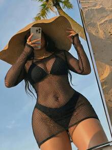 SHEIN Swim 2026新款性感浪漫長袖鏤空貼身洋裝，高彈力針織大尺碼罩衫 - 黑色 - 查看 5