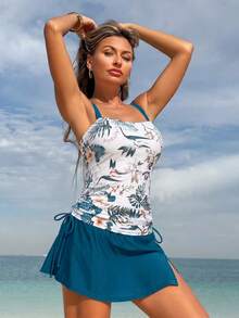 Swim Lushoire Women's Spring/Summer Beach Vacation Mature Floral Print Solid Color Patchwork Conservative Dress Swimsuit 2-Piece Set - Teal Blue - View 4