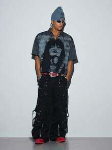 Modcrash Men's Grey Gothic Portrait & Slogan Print Button-Down Shirt, Street Dark Style Shirt - Dark Grey - View 3