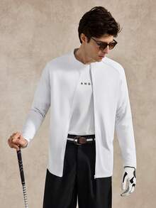 Courvante Golf 白色男士拉鍊運動外套，秋季運動休閒基本款健身上衣，休閒素色長袖透氣慢跑風夾克，網球 - 白色 - 查看 1