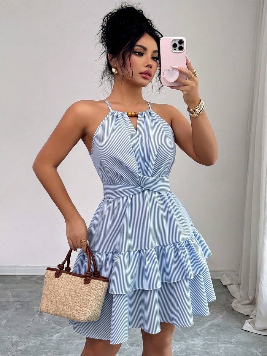SHEIN Clasi Women's Elegant Striped Halter Neck Beaded Tie Strap Cold Shoulder Ruffle Tiered Plus Size Dress - Blue - View 1