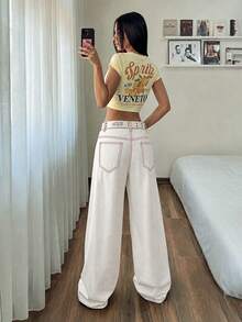 StreetHx Fashion Casual Y2k Streetwear Street Style Colorblock Stitching Multi-Pocket Low Waist Denim Curved Leg Pants Everyday Going Out White And Red Summer - White - View 4