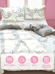 HELLO KITTY AND FRIENDS | SHEIN 3件組可愛卡通印花被套組，磨毛材質，柔軟保暖，多尺寸可選，適用單人床/雙人床/加大雙人床/特大雙人床 - 米白色 - 查看 7