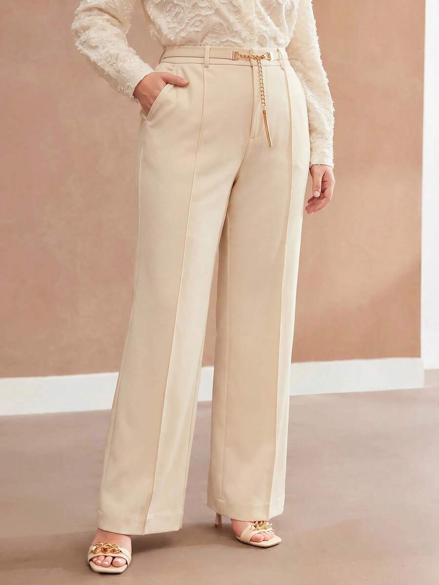 MOTF PREMIUM ELEGANT SOPHISTICATED WOMEN'S PLUS SIZE APRICOT LONG PANTS WITH DETACHABLE METAL BUCKLE TASSEL BELT - Apricot - View 2