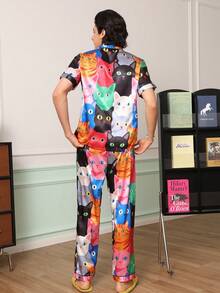 Chillnights Couples Young Cute Fun Vibrant Cat Print Lapel Front-Opening Satin Men's Loungewear Set - Multicolor - View 4
