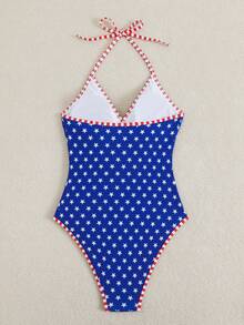Swim Basics 夏季新款女款一件式復古豹紋掛脖細肩帶性感海灘度假休閒動物印花泳衣 - 藍白色 - 查看 3