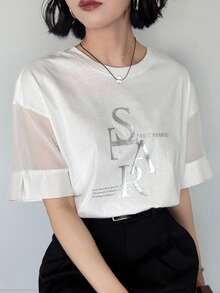 FRIFUL Women's Summer New Round Neck Short Sleeve Patchwork Sheer Fabric Silver Foil Letter Print Loose Versatile T-Shirt - White - View 8