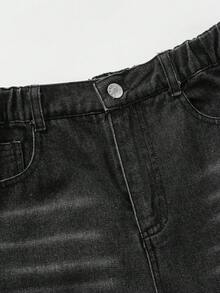 SHEIN Explorewe 女童舒適水洗柔軟復古街頭風無彈力寬鬆寬腿牛仔中長褲，薄款春夏適用 - 黑色 - 查看 6