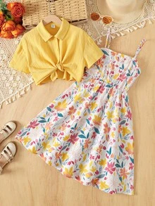 Conjunto de 2 piezas para niña KidsTween: camisa casual de vacaciones con nudo, chaqueta abierta con botones delanteros y vestido de tirantes finos con estampado floral menudo, amarillo - Amarillo - Ver 3