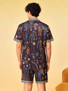Notgurli Men's Cream Banana Skateboard Print Collared Single-Breasted Loungewear Set, Playful Casual Summer Home 2 Pcs Outfits - Multicolor - View 2