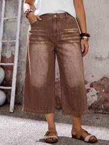 EMERY ROSE EMERY ROSE Plus Size Casual Washed Wide Leg Denim Jeans - Brown - View 4