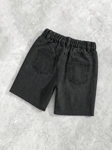 SHEIN 男孩新款夏季牛仔短褲，飾有水鑽裝飾，時尚街頭風，彈性腰帶設計，舒適時尚版型，百搭男孩夏季牛仔短褲 - 黑色 - 查看 2