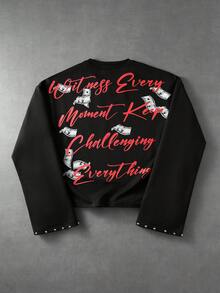 ROMWE MEN Men's Rivet Decor Graphic Print Loose Fit Long Sleeve T-Shirt - Black - View 2