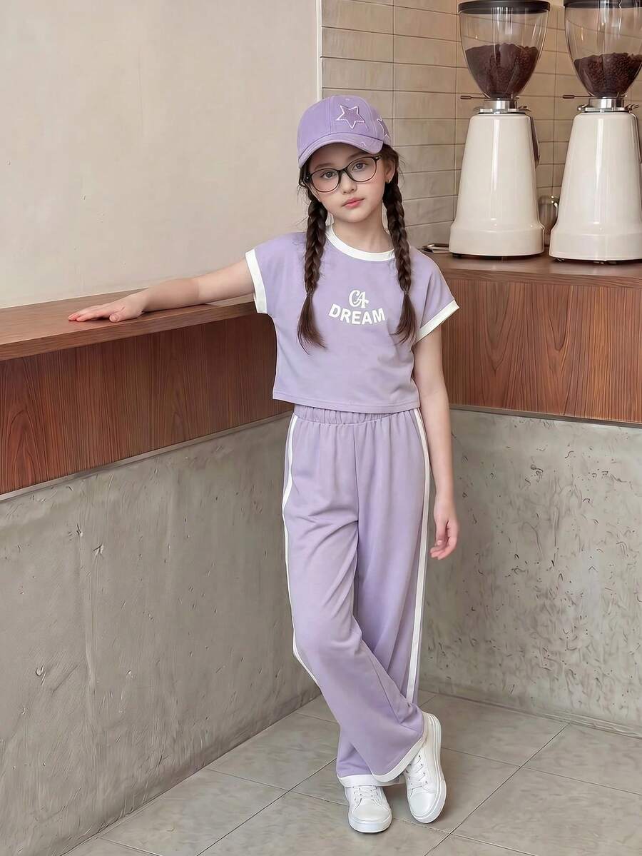 Casuvi Kids 青少年女孩休閒百搭日常穿著黑白對比滾邊圓領插肩袖T恤+直筒針織長褲套裝 - 紫羅蘭色 - 查看 1