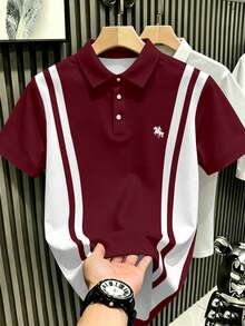 Manfinity Hypemode 男士復古運動風黑白拼色貴族馬標誌剪影 Polo 衫 - 彩色 - 查看 1