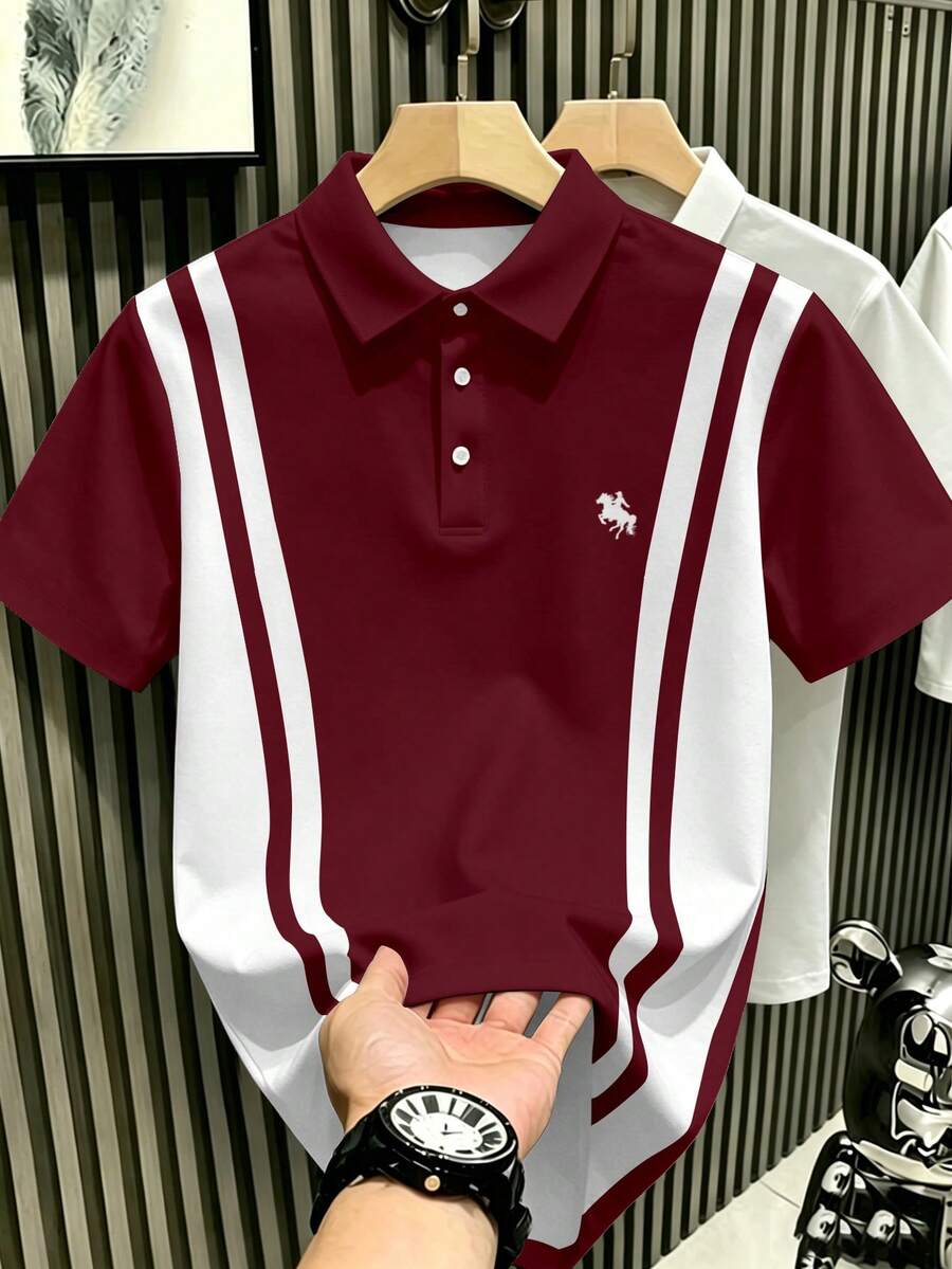 Manfinity Hypemode 男士復古運動風黑白拼色貴族馬標誌剪影 Polo 衫 - 彩色 - 查看 1