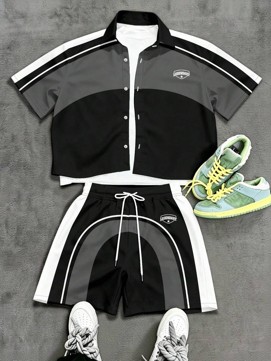 Manfinity EMRG Men's Colorblock Short Sleeve Single-Breasted Cropped Shirt And Drawstring Waist Shorts Set - Multicolor - View 1