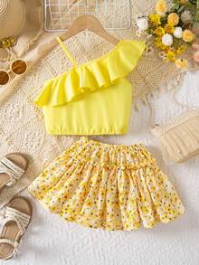 SHEIN Serisse Kids 女童荷叶边不对称肩部上衣和碎花裙两件套，儿童夏季服装 - 黃色 - 查看 5