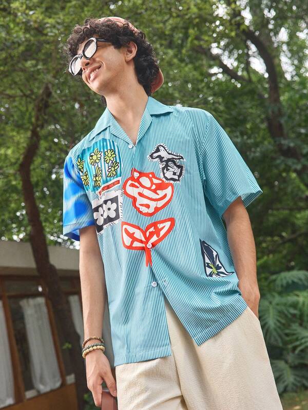 Whitmere Printed Shirt, Blue Striped, Floral, Retro Classic, Vacation Shirt, Minimalist Fashion, Mature And Elegant, Artistic Style, Daily Outing, Casual Vacation Shirt, Short Sleeve, Hawaiian Attire