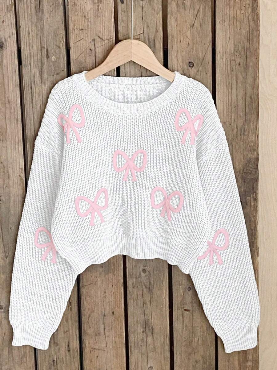 SHEIN New Fashion Versatile Cute Bow Pullover Sweater For Girls - White - View 1