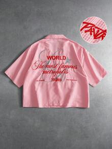 Manfinity Roghcode 男士字母刺繡短袖青蛙鈕扣設計休閒襯衫 - 粉色 - 查看 6